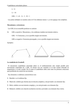 Cuadriláteros articulados planos

       L=8

       J1 = 10

       GDL = 3 . (8 – 1) – 2 . 10 = 1

 Las juntas múltiples se cuentan como el nº de eslabones menos 1 y se las agrega a las completas.


Mecanismos y estructuras:

 Los GDL de un ensamble predicen su carácter:

Si:    GDL es positivo: Mecanismo; y los eslabones tendrán movimiento relativo.

       GDL = 0: Estructura; y no es posible ningún movimiento.

       GDL es negativo: Estructura precargada; y no es posible ningún movimiento.

Ejemplos:




La condición de Grashoff:

 El mecanismo cuadrilátero articulado plano es el eslabonamiento más simple posible para
movimiento controlado de 1 GDL. El mismo con sus variantes es el más común utilizado en
maquinarias y el más versátil. Por lo tanto el cuadrilátero debe estar entre las primeras soluciones
para problemas de control de movimiento.

 Sus elementos o eslabones característicos son:

1 – Bastidor: es el eslabona fijo.

2 – Manivela: eslabón que efectúa una revolución completa y esta pivotado a un elemento fijo.

3 – Biela: eslabón con movimiento complejo, y no está pivotado a un elemento fijo.

4 – Balancín: eslabón con rotación oscilatoria (vaivén) y pivotado a un elemento fijo a tierra.




                                                                                                    6
 