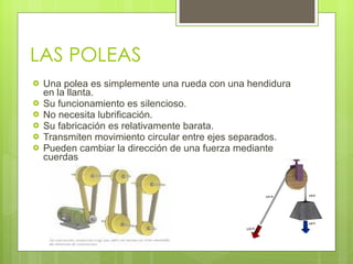 LAS POLEAS Una polea es simplemente una rueda con una hendidura en la llanta. Su funcionamiento es silencioso. No necesita lubrificación. Su fabricación es relativamente barata. Transmiten movimiento circular entre ejes separados. Pueden cambiar la dirección de una fuerza mediante cuerdas 