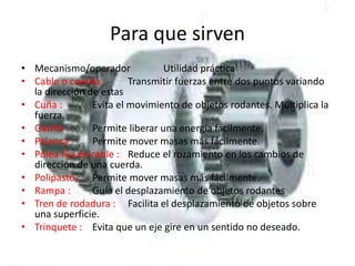 Para que sirven
• Mecanismo/operador Utilidad práctica
• Cable o cuerda : Transmitir fuerzas entre dos puntos variando
la dirección de estas
• Cuña : Evita el movimiento de objetos rodantes. Multiplica la
fuerza.
• Gatillo : Permite liberar una energía fácilmente.
• Palanca : Permite mover masas más fácilmente.
• Polea fija de cable : Reduce el rozamiento en los cambios de
dirección de una cuerda.
• Polipasto : Permite mover masas más fácilmente.
• Rampa : Guía el desplazamiento de objetos rodantes
• Tren de rodadura : Facilita el desplazamiento de objetos sobre
una superficie.
• Trinquete : Evita que un eje gire en un sentido no deseado.
 
