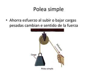 Polea simple
• Ahorra esfuerzo al subir o bajar cargas
pesadas cambian e sentido de la fuerza
 