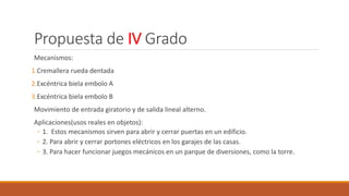 Propuesta de IV Grado
Mecanismos:
1.Cremallera rueda dentada
2.Excéntrica biela embolo A
3.Excéntrica biela embolo B
Movimiento de entrada giratorio y de salida lineal alterno.
Aplicaciones(usos reales en objetos):
◦ 1. Estos mecanismos sirven para abrir y cerrar puertas en un edificio.
◦ 2. Para abrir y cerrar portones eléctricos en los garajes de las casas.
◦ 3. Para hacer funcionar juegos mecánicos en un parque de diversiones, como la torre.
 