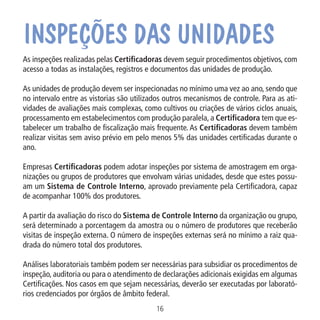 Inspeções das unidades

No c
tual
cobr

As inspeções realizadas pelas Certificadoras devem seguir procedimentos objetivos, com
acesso a todas as instalações, registros e documentos das unidades de produção.
As unidades de produção devem ser inspecionadas no mínimo uma vez ao ano, sendo que
no intervalo entre as vistorias são utilizados outros mecanismos de controle. Para as atividades de avaliações mais complexas, como cultivos ou criações de vários ciclos anuais,
processamento em estabelecimentos com produção paralela, a Certificadora tem que estabelecer um trabalho de fiscalização mais frequente. As Certificadoras devem também
realizar visitas sem aviso prévio em pelo menos 5% das unidades certificadas durante o
ano.

Data: 02/02/2009

PIT: MA-0012/08E

Formato (F): 360x180

Cliente: MAPA

Material: Cart. Mecanismos

Formato (A): 180x180mm

Empresas Certificadoras podem adotar inspeções por sistema de amostragem em organizações ou grupos de produtores que envolvam várias unidades, desde que estes possuam um Sistema de Controle Interno, aprovado previamente pela Certificadora, capaz
de acompanhar 100% dos produtores.
A partir da avaliação do risco do Sistema de Controle Interno da organização ou grupo,
será determinado a porcentagem da amostra ou o número de produtores que receberão
visitas de inspeção externa. O número de inspeções externas será no mínimo a raiz quadrada do número total dos produtores.
Análises laboratoriais também podem ser necessárias para subsidiar os procedimentos de
inspeção, auditoria ou para o atendimento de declarações adicionais exigidas em algumas
Certificações. Nos casos em que sejam necessárias, deverão ser executadas por laboratórios credenciados por órgãos de âmbito federal.
16
MA-0012-08_180x180_mecanismos.indd 18

02.02.09 10:17:16

 