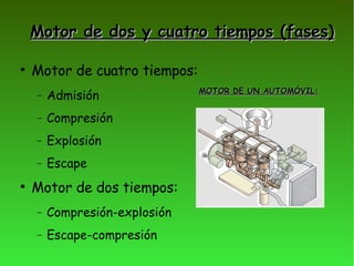 Motor de dos y cuatro tiempos (fases)‏ Motor de cuatro tiempos: Admisión Compresión Explosión Escape Motor de dos tiempos: Compresión-explosión Escape-compresión MOTOR DE UN AUTOMÓVIL: 