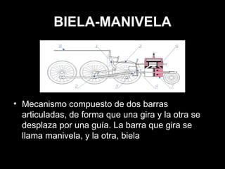 BIELA-MANIVELA Mecanismo compuesto de dos barras articuladas, de forma que una gira y la otra se desplaza por una guía. La barra que gira se llama manivela, y la otra, biela 