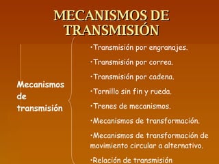 MECANISMOS DE TRANSMISIÓN Mecanismos de transmisión Transmisión por engranajes. Transmisión por correa. Transmisión por cadena. Tornillo sin fin y rueda. Trenes de mecanismos.  Mecanismos de transformación. Mecanismos de transformación de movimiento circular a alternativo. Relación de transmisión 