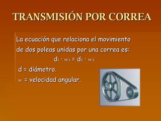 TRANSMISIÓN POR CORREA La ecuación que relaciona el movimiento de dos poleas unidas por una correa es: d 1  ·  w 1  = d 2  ·  w 2 d = diámetro. w  = velocidad angular. 