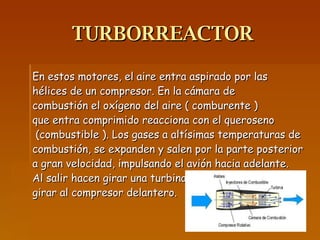 TURBORREACTOR En estos motores, el aire entra aspirado por las hélices de un compresor. En la cámara de combustión el oxígeno del aire ( comburente ) que entra comprimido reacciona con el queroseno (combustible ). Los gases a altísimas temperaturas de combustión, se expanden y salen por la parte posterior a gran velocidad, impulsando el avión hacia adelante. Al salir hacen girar una turbina que, a su vez, hace girar al compresor delantero. 