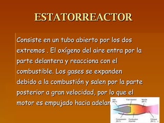 ESTATORREACTOR Consiste en un tubo abierto por los dos extremos . El oxígeno del aire entra por la  parte delantera y reacciona con el combustible. Los gases se expanden debido a la combustión y salen por la parte posterior a gran velocidad, por lo que el motor es empujado hacia adelante. 