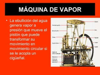 MÁQUINA DE VAPOR La ebullición del agua genera vapor a presión que mueve el pistón que puede transformar su movimiento en movimiento circular si se le acopla un cigüeñal. 