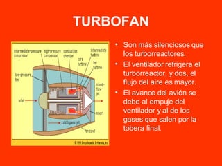 TURBOFAN Son más silenciosos que los turborreactores. El ventilador refrigera el turborreactor, y dos, el flujo del aire es mayor. El avance del avión se debe al empuje del ventilador y al de los gases que salen por la tobera final. 