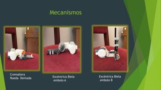 Mecanismos
Cremallera
Rueda Dentada Excéntrica Biela
embolo A
Excéntrica Biela
embolo B
 