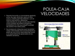 POLEA-CAJA
VELOCIDADES• Permite transmitir un movimiento giratorio
entre dos ejes distantes, pero en este
caso su diseño permite obtener, con el
mismo mecanismo, diferentes
velocidades en el eje conducido (tantas
como parejas de poleas tengamos
instaladas) sin más que elegir la pareja
de poleas más adecuada.
• Se emplea en máquinas que necesitan
varias velocidades de funcionamiento a
partir de una única velocidad del motor
y es especialmente apreciado en los
taladros sensitivos.
 