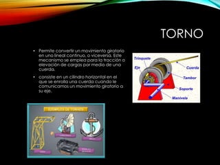 TORNO
• Permite convertir un movimiento giratorio
en uno lineal continuo, o viceversa. Este
mecanismo se emplea para la tracción o
elevación de cargas por medio de una
cuerda.
• consiste en un cilindro horizontal en el
que se enrolla una cuerda cuando le
comunicamos un movimiento giratorio a
su eje.
 