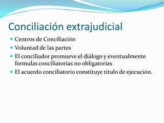 Conciliación extrajudicialCentros de ConciliaciónVoluntad de las partesEl conciliador promueve el diálogo y eventualmente formulas conciliatorias no obligatoriasEl acuerdo conciliatorio constituye título de ejecución.
