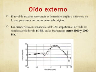 Oído externo
El nivel de máxima resonancia es demasiado amplio a diferencia de
lo que podríamos encontrar en un tubo rígido.
Las características resonanciales del CAE amplifican el nivel de los
sonidos alrededor de 15 dB, en las frecuencias entre 2000 y 5000
Hz.
 