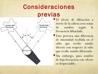 Consideraciones
previas
El efecto de difracción a
través de la cabeza crea zonas
de sombra según la
frecuencia difractada.
Esto provoca una diferencia
de intensidad recibida en el
oído que recibe sonido
directo con respecto al oído
que recibe sonido difractado.
Sin embargo, para sonidos
de baja frecuencia este efecto
es despreciable.
 