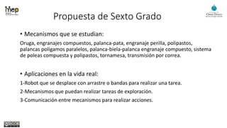 Propuesta de Sexto Grado
• Mecanismos que se estudian:
Oruga, engranajes compuestos, palanca-pata, engranaje perilla, polipastos,
palancas polígamos paralelos, palanca-biela-palanca engranaje compuesto, sistema
de poleas compuesta y polipastos, tornamesa, transmisión por correa.
• Aplicaciones en la vida real:
1-Robot que se desplace con arrastre o bandas para realizar una tarea.
2-Mecanismos que puedan realizar tareas de exploración.
3-Comunicación entre mecanismos para realizar acciones.
 