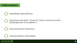 CARBOXAMIDAS
Mobilidade: Mesostêmico;
Carboxamidas e nematóides.
Posicionamento: Preventivo;
Mecanismo de ação - Grupo C2: Inibe a enzima Sucinato
Desidrogenase no complexo II;
38
 