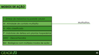 2
I - Síntese de melanina na parede celular
M - Atividade de contato multissítio
N - Não classificado
P - Indutores de defesa em plantas hospedeiras
DESC - Desconhecidos
Multissítios.
MODOS DE AÇÃO
45
BM - Biológicos com múltiplos modos de ação
 