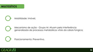MULTISSÍTIOS
Mobilidade: imóvel;
Mecanismo de ação - Grupo M: Atuam pela interferência
generalizada de processos metabólicos vitais da célula fúngica;
Posicionamento: Preventivo.
46
 