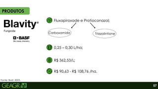 Fluxapiroxade e Protioconazol;
Carboxamida Triazolintione
R$ 362,53/L;
R$ 90,63 - R$ 108,76 /ha.
0,25 – 0,30 L/ha;
Fonte: Basf, 2025.
PRODUTOS
57
 