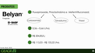 Carboxamida
Fluxapiroxade, Piraclostrobina e Mefentrifluconazol;
Estrobilurina
R$ 204,85/L;
R$ 113,03 - R$ 133,22 /ha.
0,56 – 0,66 L/ha;
Triazol
PRODUTOS
Fonte: Basf, 2025.
58
 