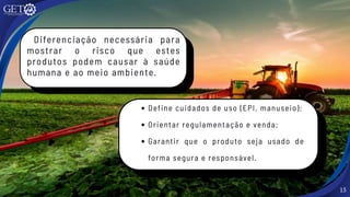 15
Diferenciação necessária para
mostrar o risco que estes
produtos podem causar à saúde
humana e ao meio ambiente.
Define cuidados de uso (EPI, manuseio);
Orientar regulamentação e venda;
Garantir que o produto seja usado de
forma segura e responsável.
 