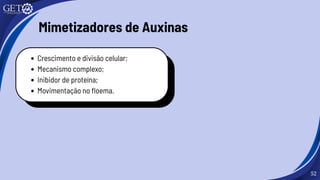 52
Mimetizadores de Auxinas
Crescimento e divisão celular;
Mecanismo complexo;
Inibidor de proteína;
Movimentação no floema.
 
