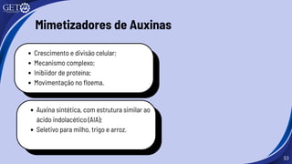 53
Auxina sintética, com estrutura similar ao
ácido indolacético (AIA);
Seletivo para milho, trigo e arroz.
Mimetizadores de Auxinas
Crescimento e divisão celular;
Mecanismo complexo;
Inibiidor de proteína;
Movimentação no floema.
 