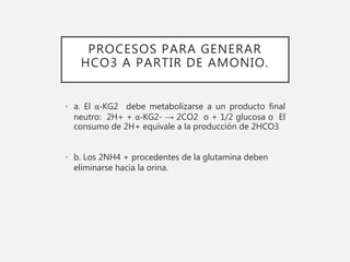 PROCESOS PARA GENERAR
HCO3 A PARTIR DE AMONIO.
• a. El α-KG2 debe metabolizarse a un producto final
neutro: 2H+ + α-KG2- → 2CO2 o + 1/2 glucosa o El
consumo de 2H+ equivale a la producción de 2HCO3
• b. Los 2NH4 + procedentes de la glutamina deben
eliminarse hacia la orina.
 