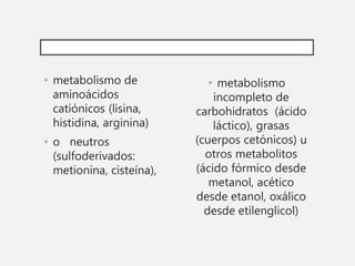 • metabolismo de
aminoácidos
catiónicos (lisina,
histidina, arginina)
• o neutros
(sulfoderivados:
metionina, cisteína),
• metabolismo
incompleto de
carbohidratos (ácido
láctico), grasas
(cuerpos cetónicos) u
otros metabolitos
(ácido fórmico desde
metanol, acético
desde etanol, oxálico
desde etilenglicol)
 