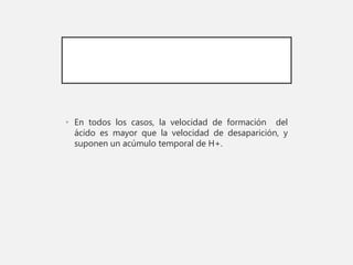 • En todos los casos, la velocidad de formación del
ácido es mayor que la velocidad de desaparición, y
suponen un acúmulo temporal de H+.
 