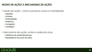 10
• Modo de ação: como o produto causa a mortalidade.
– Ingestão;
– Contato;
– Profundidade;
– Sistêmico;
– Fumigação;
– Fisiológico.
• Mecanismo de ação: onde a molécula atua.
– Inibidores de acetilcolinesterase;
– Moduladores de canais de sódio.
MODO DE AÇÃO X MECANISMO DE AÇÃO
 