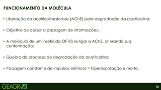 16
• Liberação da acetilcolinesterase (AChE) para degradação da acetilcolina;
• Objetivo de cessar a passagem de informações;
• A molécula de um inseticida OF irá se ligar a AChE, alterando sua
conformação;
• Quebra do processo de degradação da acetilcolina;
• Passagem constante de impulsos elétricos = hiperexcotação e morte.
FUNCIONAMENTO DA MOLÉCULA
 