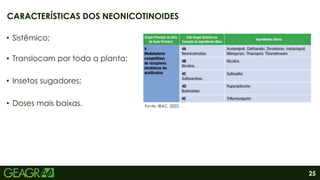 25
• Sistêmico;
• Translocam por toda a planta;
• Insetos sugadores;
• Doses mais baixas.
CARACTERÍSTICAS DOS NEONICOTINOIDES
Fonte: IRAC, 2022.
 