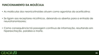 26
• As moléculas dos neonicotinoides atuam como agonistas da acetilcolina;
• Se ligam aos receptores nicotínicos, deixando-os abertos para a entrada de
neurotransmissores;
• Como consequência há passagem contínua de informação, resultando em
hiperexcitação, paralisia e morte.
FUNCIONAMENTO DA MOLÉCULA
 