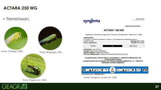 27
• Tiametoxan;
ACTARA 250 WG
Fonte: Syngenta, acesso em 2022.
Fonte: Chibagro, 2020. Fonte: Blogaegro, 2021.
Fonte: Pragas.com, 2020.
 