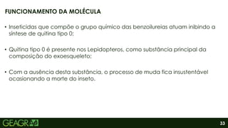 33
• Inseticidas que compõe o grupo químico das benzoilureias atuam inibindo a
síntese de quitina tipo 0;
• Quitina tipo 0 é presente nos Lepidopteros, como substância principal da
composição do exoesqueleto;
• Com a ausência desta substância, o processo de muda fica insustentável
ocasionando a morte do inseto.
FUNCIONAMENTO DA MOLÉCULA
 