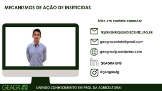 Entre em contato conosco:
geagraufg.wordpress.com
geagracontato@gmail.com
GEAGRA UFG
@geagraufg
UNINDO CONHECIMENTO EM PROL DA AGRICULTURA!
MECANISMOS DE AÇÃO DE INSETICIDAS
FELIXHENRIQUE@DISCENTE.UFG.BR
 