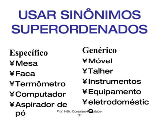 USAR SINÔNIMOS SUPERORDENADOS Específico Mesa Faca Termômetro Computador Aspirador de pó Genérico Móvel Talher Instrumentos Equipamento eletrodoméstico Prof. Hélio Consolaro-Araçatuba-SP 
