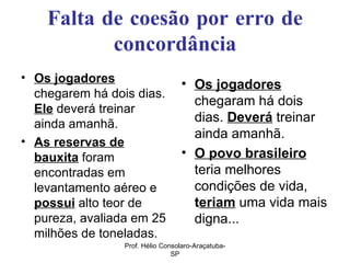 Falta de coesão por erro de concordância Os jogadores  chegarem há dois dias.  Ele  deverá treinar ainda amanhã. As reservas de bauxita  foram encontradas em levantamento aéreo e  possui  alto teor de pureza, avaliada em 25 milhões de toneladas. Os jogadores  chegaram há dois dias.  Deverá  treinar ainda amanhã. O povo brasileiro  teria melhores condições de vida,  t eriam  uma vida mais digna...  Prof. Hélio Consolaro-Araçatuba-SP 