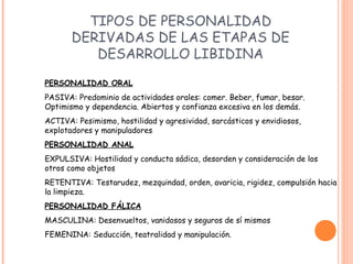 TIPOS DE PERSONALIDAD
       DERIVADAS DE LAS ETAPAS DE
          DESARROLLO LIBIDINA
PERSONALIDAD ORAL
PASIVA: Predominio de actividades orales: comer. Beber, fumar, besar.
Optimismo y dependencia. Abiertos y confianza excesiva en los demás.
ACTIVA: Pesimismo, hostilidad y agresividad, sarcásticos y envidiosos,
explotadores y manipuladores
PERSONALIDAD ANAL
EXPULSIVA: Hostilidad y conducta sádica, desorden y consideración de los
otros como objetos
RETENTIVA: Testarudez, mezquindad, orden, avaricia, rigidez, compulsión hacia
la limpieza.
PERSONALIDAD FÁLICA
MASCULINA: Desenvueltos, vanidosos y seguros de sí mismos
FEMENINA: Seducción, teatralidad y manipulación.
 