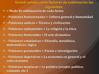 Szondi señala como factores de sublimación los
                      siguientes:
< Modo de sublimación de cada factor.
- Pulsiones homosexuales = Cultura general y humanidad
- Pulsiones sádicas = Técnica y civilización
- Pulsiones epileptoides = La religión y la ética
- Pulsiones histeroides = El arte dramático
- Pulsiones catatónicas = Filosofía, metafísica,
matemáticas, lógica
- Pulsiones paranoides = Poesía e investigación
- Pulsiones depresivas = La economía en general y el
coleccionismo
- Pulsiones maníacas = La palabra (orador, político,
cantante, etc.)
 
