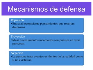 Mecanismos de defensa
Represión
• Envía al inconsciente pensamientos que resultan
dolorosos
Proyección
• Ideas o sentimientos incómodos son puestos en otras
personas.
Negación
• La persona trata eventos evidentes de la realidad como
si no existieran

 