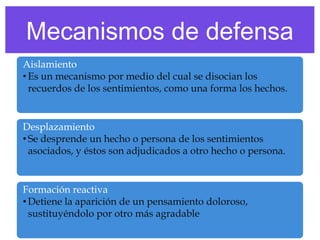 Mecanismos de defensa
Aislamiento
• Es un mecanismo por medio del cual se disocian los
recuerdos de los sentimientos, como una forma los hechos.

Desplazamiento
• Se desprende un hecho o persona de los sentimientos
asociados, y éstos son adjudicados a otro hecho o persona.

Formación reactiva
• Detiene la aparición de un pensamiento doloroso,
sustituyéndolo por otro más agradable

 
