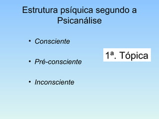 Estrutura psíquica segundo a
Psicanálise
• Consciente
• Pré-consciente
• Inconsciente
1ª. Tópica
 
