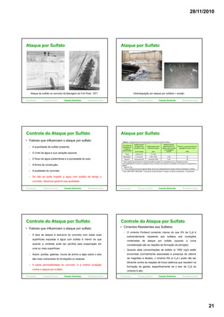 28/11/2010
21
Ataque por Sulfato
Ataque de sulfato no concreto da Barragem de Fort Peck, 1971.
Introdução Causas Físicas Causas Químicas Biodeterioração
Ataque por Sulfato
Desintegração por ataque por sulfatos + erosão.
Introdução Causas Físicas Causas Químicas Biodeterioração
Controle do Ataque por Sulfato
Fatores que influenciam o ataque por sulfato:
A quantidade de sulfato presente;
O nível da água e sua variação sazonal;
O fluxo de água subterrânea e a porosidade do solo;O fluxo de água subterrânea e a porosidade do solo;
A forma de construção;
A qualidade do concreto.
Se não se pode impedir a água com sulfato de atingir o
concreto, devemos garantir sua qualidade.
Introdução Causas Físicas Causas Químicas Biodeterioração
Ataque por Sulfato
Tabela 2 - Requisitos para concreto exposto a soluções contendo sulfatos.
Condições de
exposição em
função da
agressividade
Sulfato solúvel
em água (SO4)
presente no solo
% em massa
Sulfato solúvel (SO4)
presente na água
ppm
Máxima relação
água/cimento, em
massa, para concreto
com agregado
normal*
Mínimo fck (para concreto com
agregado normal ou leve)
MPa
Fraca 0,00 a 0,10 0 a 150 -- --
Moderada** 0,10 a 0,20 150 a 1500 0,50 35
Severa** Acima de 0,20 Acima de 1500 0,45 40
* Baixa relação água/cimento ou elevada resistência podem ser necessárias para a obtenção de baixa
permeabilidade do concreto ou proteção contra a corrosão da armadura ou proteção a processos de congelamento e
degelo.
** Água do mar.
*** Para condições severas de agressividade, devem ser obrigatoriamente usados cimentos resistentes a sulfatos.
Fonte: ABNT NBR 12655:2006 - Concreto de cimento Portland - Preparo, controle e recebimento - Procedimento
Introdução Causas Físicas Causas Químicas Biodeterioração
Controle do Ataque por Sulfato
Fatores que influenciam o ataque por sulfato:
A taxa de ataque à estrutura do concreto com todas suas
superfícies expostas à água com sulfato é menor do que
quando a umidade pode ser perdida pela evaporação em
uma ou mais superfícies.
Assim, porões, galerias, muros de arrimo e lajes sobre o solo
são mais vulneráveis do fundações ou estacas.
A baixa permeabilidade do concreto, é a melhor proteção
contra o ataque por sulfato.
Introdução Causas Físicas Causas Químicas Biodeterioração
Controle do Ataque por Sulfato
Cimentos Resistentes aos Sulfatos:
O cimento Portland contendo menos do que 5% de C3A é
suficientemente resistente aos sulfatos sob condições
moderadas de ataque por sulfato (quando a única
consideração são as reações de formação de etringita).
Quando altas concentrações de sulfato (≥ 1500 mg/l) estão
envolvidas (normalmente associadas à presença de cátions
de magnésio e álcalis), o cimento RS (≤ C3A ) pode não ser
eficiente contra as reações de troca catiônica que resultam na
formação de gipsita, especificamente se o teor de C3S do
cimento é alto.
Introdução Causas Físicas Causas Químicas Biodeterioração
 