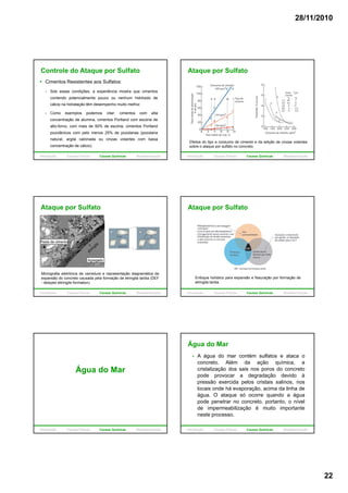 28/11/2010
22
Controle do Ataque por Sulfato
Cimentos Resistentes aos Sulfatos:
Sob essas condições, a experiência mostra que cimentos
contendo potencialmente pouco ou nenhum hidróxido de
cálcio na hidratação têm desempenho muito melhor.
Como exemplos podemos citar: cimentos com alta
concentração de alumina, cimentos Portland com escória de
alto-forno, com mais de 50% de escória, cimentos Portland
pozolânicos com pelo menos 25% de pozolanas (pozolana
natural, argila calcinada ou cinzas volantes com baixa
concentração de cálcio).
Introdução Causas Físicas Causas Químicas Biodeterioração
Ataque por Sulfato
Efeitos do tipo e consumo de cimento e da adição de cinzas volantes
sobre o ataque por sulfato no concreto.
Introdução Causas Físicas Causas Químicas Biodeterioração
Ataque por Sulfato
Micrografia eletrônica de varredura e representação diagramática da
expansão do concreto causada pela formação de etringita tardia (DEF
- delayed ettringite formation).
Introdução Causas Físicas Causas Químicas Biodeterioração
Ataque por Sulfato
Enfoque holístico para expansão e fissuração por formação de
etringita tardia.
Introdução Causas Físicas Causas Químicas Biodeterioração
Água do Mar
Introdução Causas Físicas Causas Químicas Biodeterioração
Água do Mar
A água do mar contém sulfatos e ataca o
concreto. Além da ação química, a
cristalização dos sais nos poros do concreto
pode provocar a degradação devido à
pressão exercida pelos cristais salinos, nospressão exercida pelos cristais salinos, nos
locais onde há evaporação, acima da linha de
água. O ataque só ocorre quando a água
pode penetrar no concreto, portanto, o nível
de impermeabilização é muito importante
neste processo.
Introdução Causas Físicas Causas Químicas Biodeterioração
 