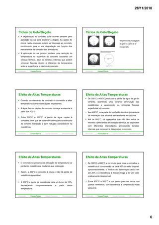 28/11/2010
6
A degradação do concreto pode ocorrer também pela
aplicação de sal para acelerar o degelo. As ações de
cloros neste processo podem ser danosas ao concreto,
contribuindo para a sua degradação em função dos
mecanismos de corrosão das armaduras.
Ciclos de Gelo/Degelo
mecanismos de corrosão das armaduras.
A aplicação do sal produz também uma redução da
temperatura na superfície do concreto causando um
choque térmico, além de tensões internas que podem
provocar fissuras devido a diferença de temperatura
entre a superfície e o interior do concreto.
Introdução Causas Físicas Causas Químicas Biodeterioração
Ciclos de Gelo/Degelo
Sequência da propagação
do gelo no vazio de ar
incorporado.
Introdução Causas Físicas Causas Químicas Biodeterioração
Quando um elemento de concreto é submetido a altas
temperaturas sofre modificações importantes.
A água livre ou capilar do concreto começa a evaporar a
partir dos 100°C.
Efeito de Altas Temperaturas
p
Entre 200°C e 300°C, a perda de água capilar é
completa, sem que se observem alterações na estrutura
do cimento hidratado e sem redução considerável na
resistência.
Introdução Causas Físicas Causas Químicas Biodeterioração
De 300°C a 400°C produz-se a perda de água de gel do
cimento, ocorrendo uma sensível diminuição das
resistências e aparecendo as primeiras fissuras
superficiais no concreto.
Aos 400°C uma parte do hidróxido de cálcio procedente
Efeito de Altas Temperaturas
Aos 400 C, uma parte do hidróxido de cálcio procedente
da hidratação dos silicatos se transforma em cal viva.
Até os 600°C, os agregados que não têm todos os
mesmos coeficientes de dilatação térmica, se expandem
com diferentes intensidades, provocando tensões
internas que começam a desagregar o concreto.
Introdução Causas Físicas Causas Químicas Biodeterioração
O concreto no processo de elevação de temperatura vai
perdendo resistência e mudando sua coloração.
Assim, a 200°C o concreto é cinza e não há perda de
resistência apreciável;
Efeito de Altas Temperaturas
resistência apreciável;
A 300°C a perda de resistência varia em torno de 10%,
decrescendo progressivamente a partir desta
temperatura;
Introdução Causas Físicas Causas Químicas Biodeterioração
De 300°C a 600°C a cor muda para rosa a vermelha, a
resistência à compressão cai para 50% do valor original,
aproximadamente, o módulo de deformação reduz em
até 20% e a resistência à tração chega a ter um valor
Efeito de Altas Temperaturas
praticamente desprezível;
Entre 600°C a 950°C a cor passa para um cinza com
pontos vermelhos, com resistência à compressão muito
pequena;
Introdução Causas Físicas Causas Químicas Biodeterioração
 
