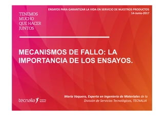 MECANISMOS DE FALLO: LA
IMPORTANCIA DE LOS ENSAYOS.
María Vaquero, Experta en Ingeniería de Materiales de la 
División de Servicios Tecnológicos, TECNALIA
ENSAYOS PARA GARANTIZAR LA VIDA EN SERVICIO DE NUESTROS PRODUCTOS
14‐Junio‐2017
 
